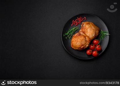 Delicious juicy chicken thighs baked with salt, spices and herbs in a ceramic plate on a dark concrete background