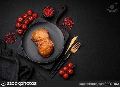 Delicious juicy chicken thighs baked with salt, spices and herbs in a ceramic plate on a dark concrete background