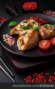 Delicious juicy chicken, turkey skewers with salt, spices and herbs on a dark concrete background