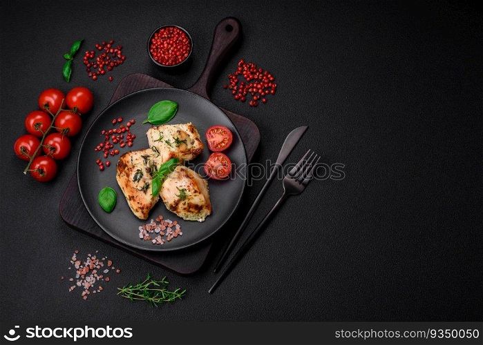 Delicious juicy chicken, turkey skewers with salt, spices and herbs on a dark concrete background
