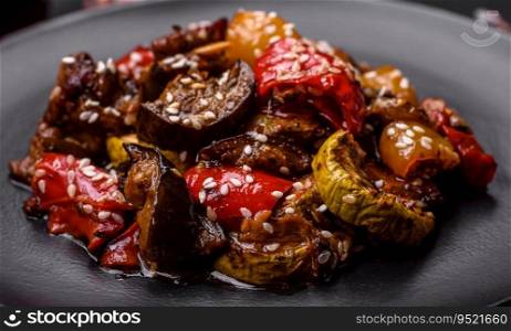 Delicious juicy fresh salad of baked eggplant, tomatoes, sweet peppers, sesame seeds, spices and salt on a dark concrete background