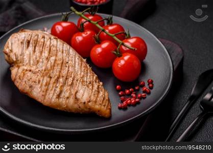 Delicious juicy grilled chicken fillet with salt, spices and herbs on a dark concrete background