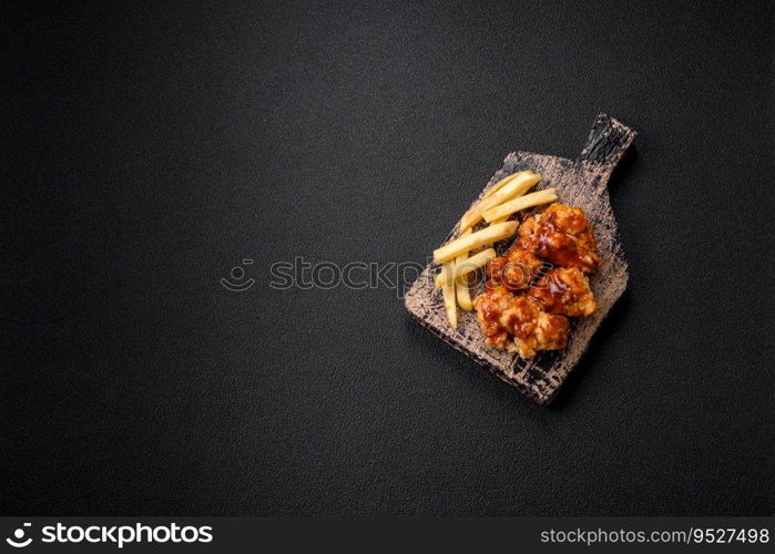 Delicious juicy grilled chicken meat bites with salt, spices and herbs on a dark concrete background