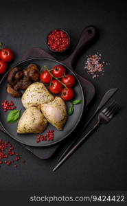 Delicious juicy grilled chicken with salt, spices and herbs with vegetables on a dark concrete background