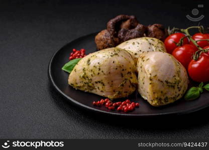 Delicious juicy grilled chicken with salt, spices and herbs with vegetables on a dark concrete background