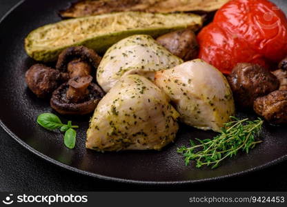 Delicious juicy grilled chicken with salt, spices and herbs with vegetables on a dark concrete background