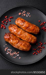 Delicious juicy grilled sausages with salt, spices and herbs on a dark concrete background