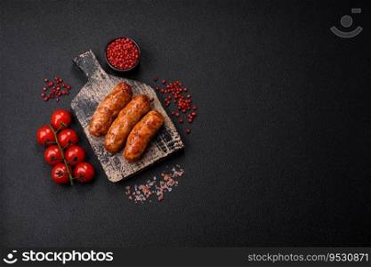 Delicious juicy grilled sausages with salt, spices and herbs on a dark concrete background
