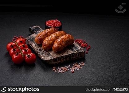 Delicious juicy grilled sausages with salt, spices and herbs on a dark concrete background