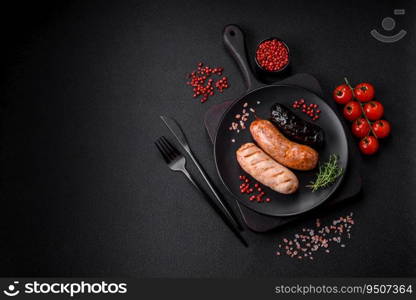 Delicious juicy sausages of several varieties grilled with salt, spices and herbs on a dark concrete background