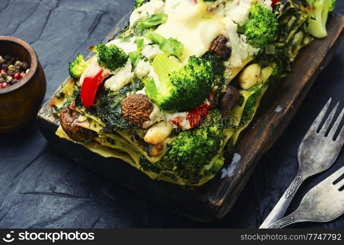 Delicious lasagne, broccoli, mushroom and pepper terrine. Festive food.. Diet vegetable terrine