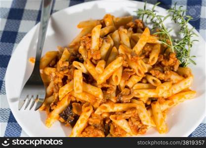 Delicious macaroni with tomato and eggplant