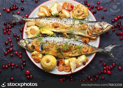 Delicious mackerel or scomber in apples and cranberry. Appetizing baked mackerel