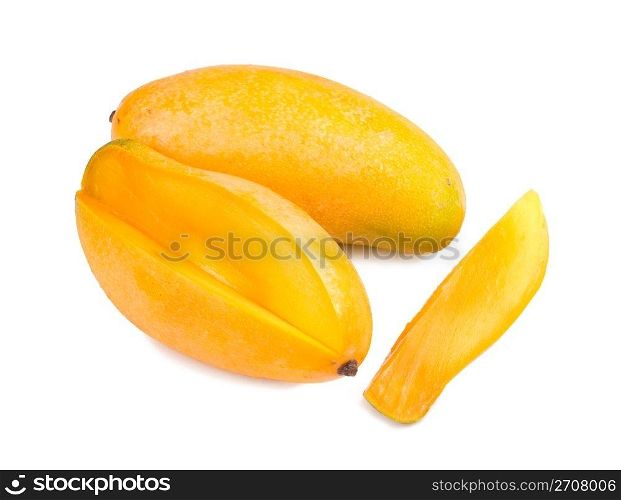 delicious mango fruit and slice on white background, tropical fruit.