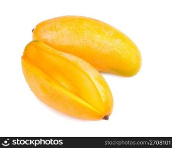 delicious mango fruit and slice on white background, tropical fruit.