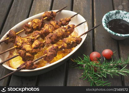 delicious meat shish kebabs served table