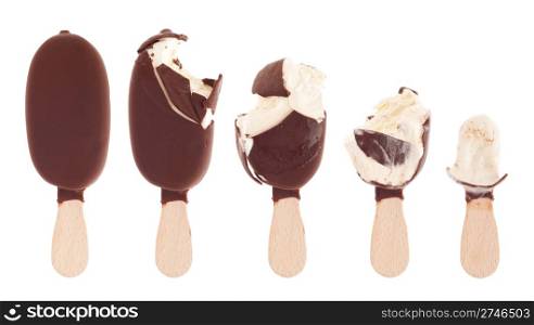 delicious milk chocolate ice cream (being eaten up, sequential images) isolated on white background