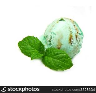 Delicious mint ice cream ball on white background