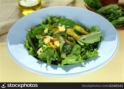 Delicious mixed leaf salad with blue cheese dressed with olive oil.