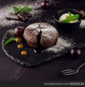 Delicious molten chocolate lava cake with vanilla ice cream