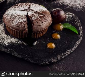 Delicious molten chocolate lava cake with vanilla ice cream