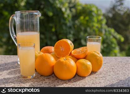 delicious orange juice and oranges in the garden