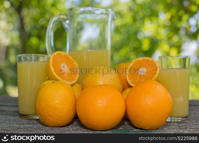 delicious orange juice and oranges on table in garden