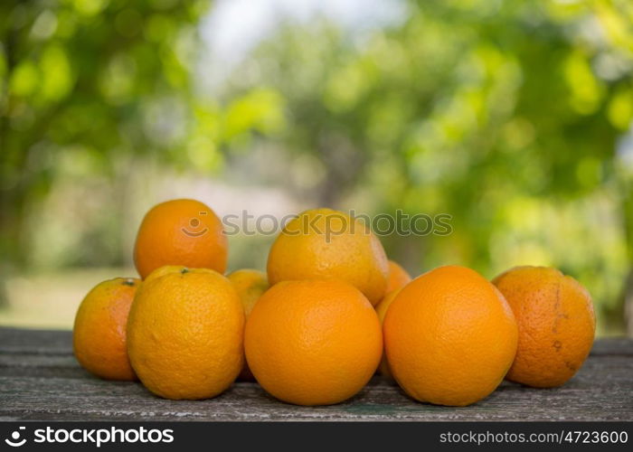 delicious oranges on wooden table in garden