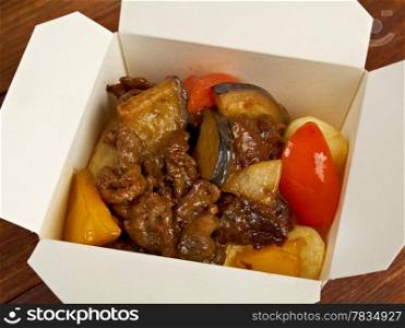 delicious oriental fried rice tyahan - meat and oyster sauce, chinese cuisine.in take-out box
