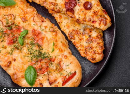 Delicious oven fresh flatbread pizza with cheese, tomatoes, sausage, salt and spices on a dark concrete background