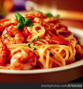 Delicious Pasta spaghetti with shrimps and sauce 3d illustrated