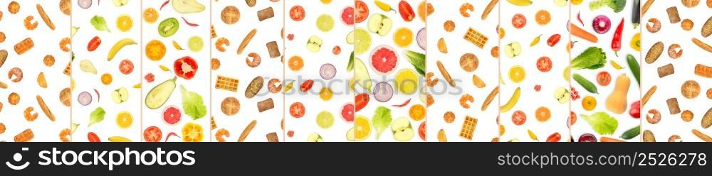 Delicious pattern from bread products, vegetables and fruits isolated on a white background.