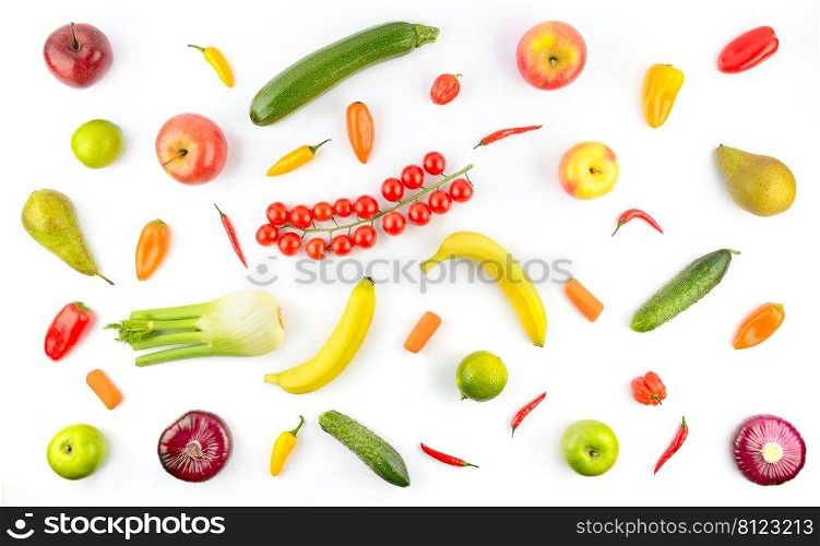 Delicious pattern of vegetables and fruits isolated on white background.