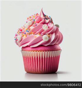 Delicious pink cupcake with lots of cream. Illustration AI Generative 