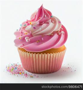 Delicious pink cupcake with lots of cream. Illustration AI Generative 