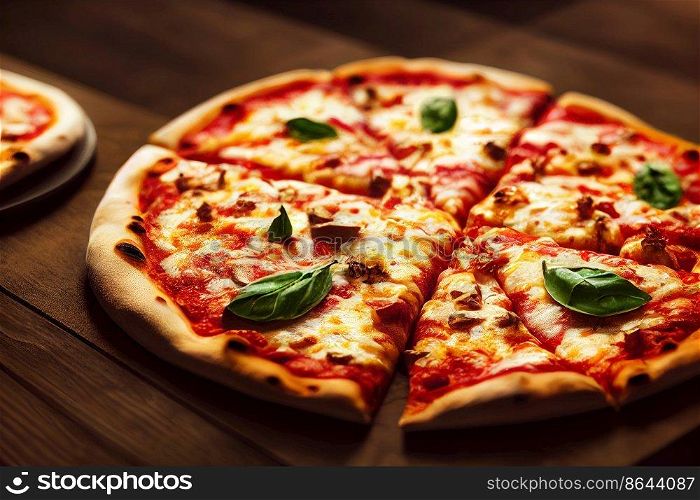 Delicious pizza on wooden table for restaurant menu