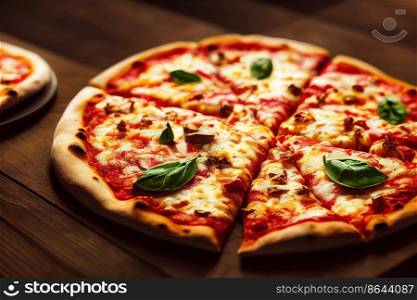 Delicious pizza on wooden table for restaurant menu