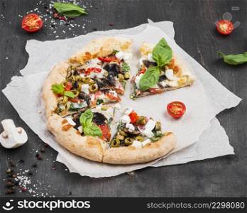 delicious pizza with vegetables arrangement