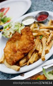 Delicious plate of Halibut Fish and Chips.