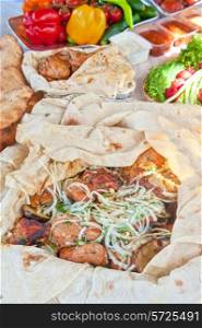 Delicious pork kebab with vegetables