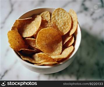Delicious potato chips in a deep white plate on a marble table, top view. Home cooking fast food kitchen. AI generated.. Delicious potato chips in a deep white plate on a marble table, top view. AI generated.
