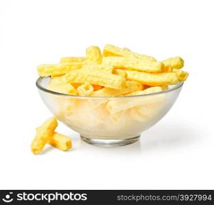 Delicious potato chips in bowl isolated on white. With clipping path