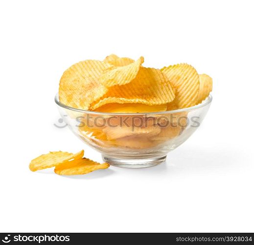 Delicious potato chips in bowl isolated on white. With clipping path