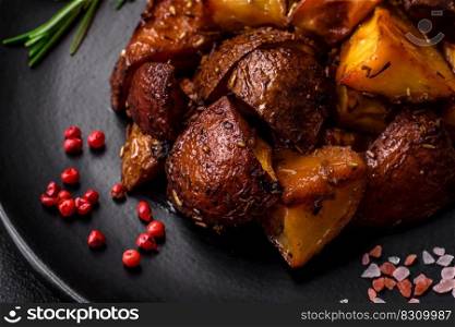 Delicious potatoes baked in their skins with rosemary and spices on a dark concrete background