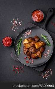 Delicious potatoes baked in their skins with rosemary and spices on a dark concrete background