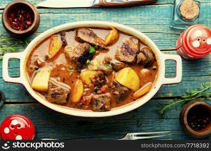 Delicious ragout with beef and mushrooms. Meat sauce with veal. Ragout with beef and mushrooms