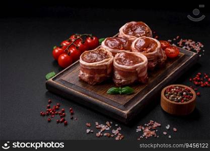Delicious raw fresh pork or chicken meat rolls wrapped in bacon, with salt, spices and herbs on a dark concrete background