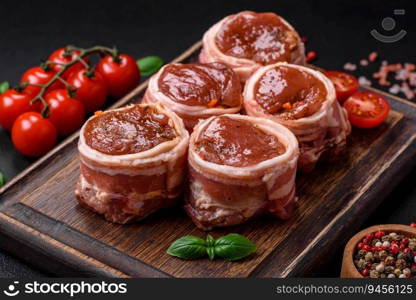 Delicious raw fresh pork or chicken meat rolls wrapped in bacon, with salt, spices and herbs on a dark concrete background