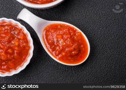 Delicious red Napoletana sauce with onions, salt, spices and herbs in a white bowl on a dark concrete background