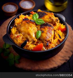 Delicious Rice with Chicken Indian Recipe. AI Generative 